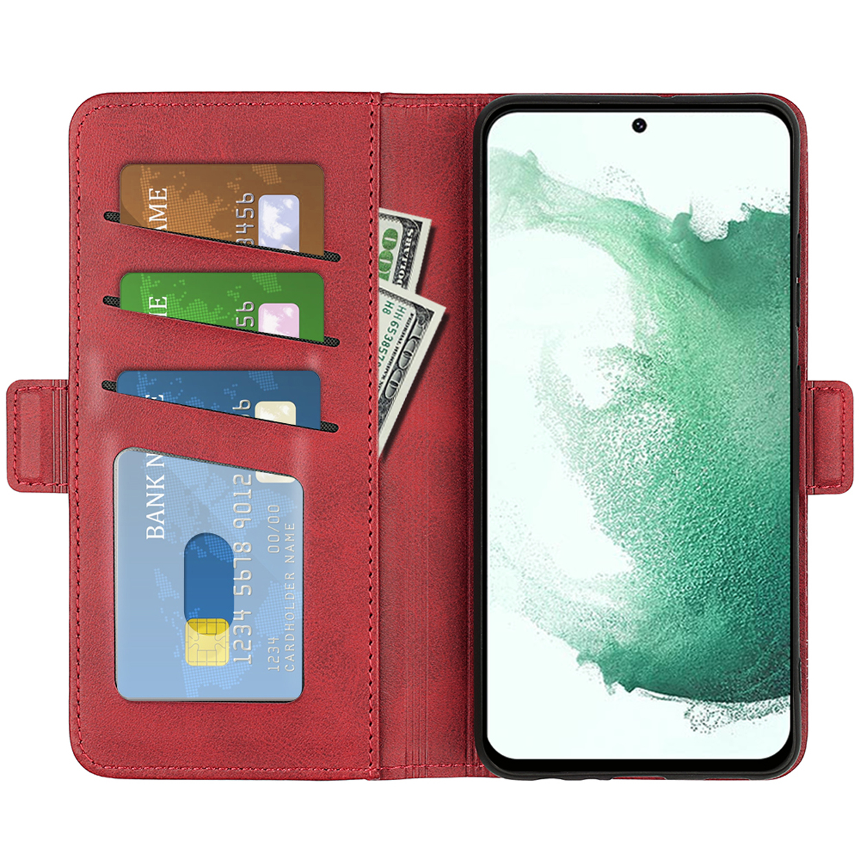 Étui rouge pour téléphone avec fentes pour cartes, contenant cartes et espèces, avec smartphone à droite.