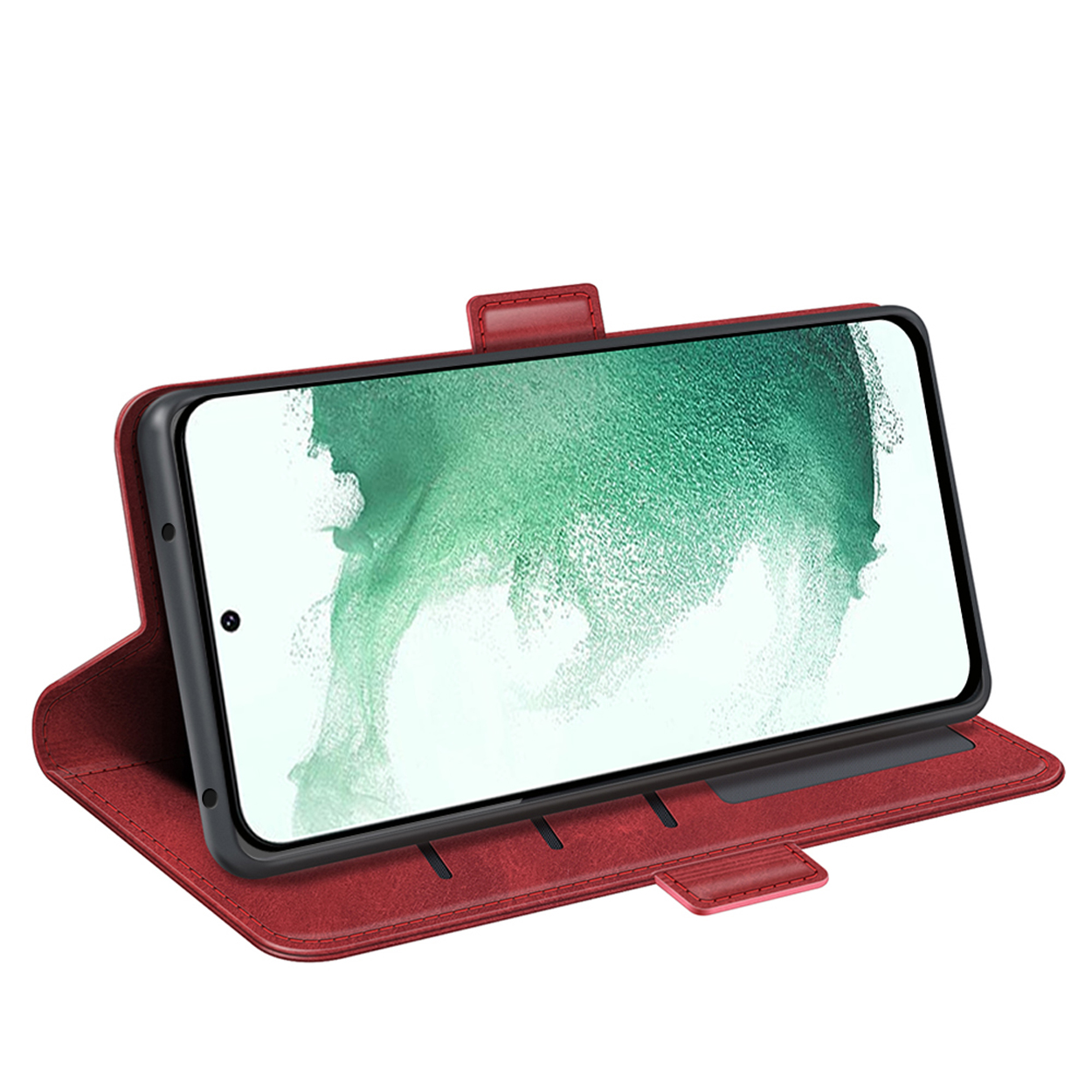 Coque de téléphone rouge, ouverte, avec un téléphone à l'intérieur. L'écran du téléphone est visible.