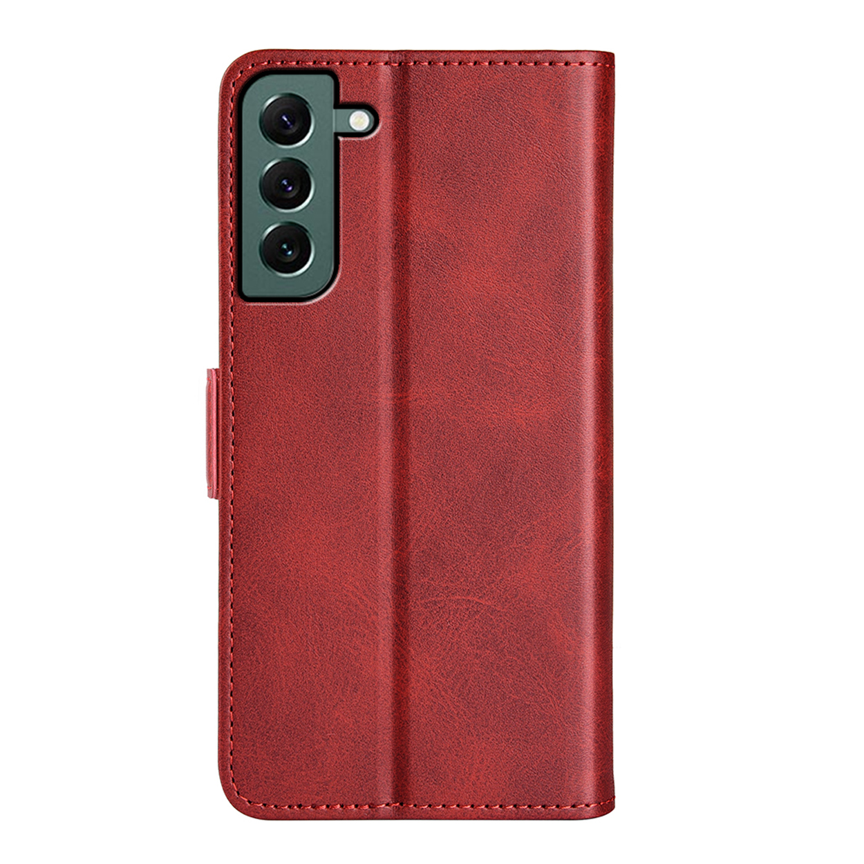 Étui de téléphone en cuir rouge fermé avec le téléphone à l'intérieur. L'étui est sur fond blanc.