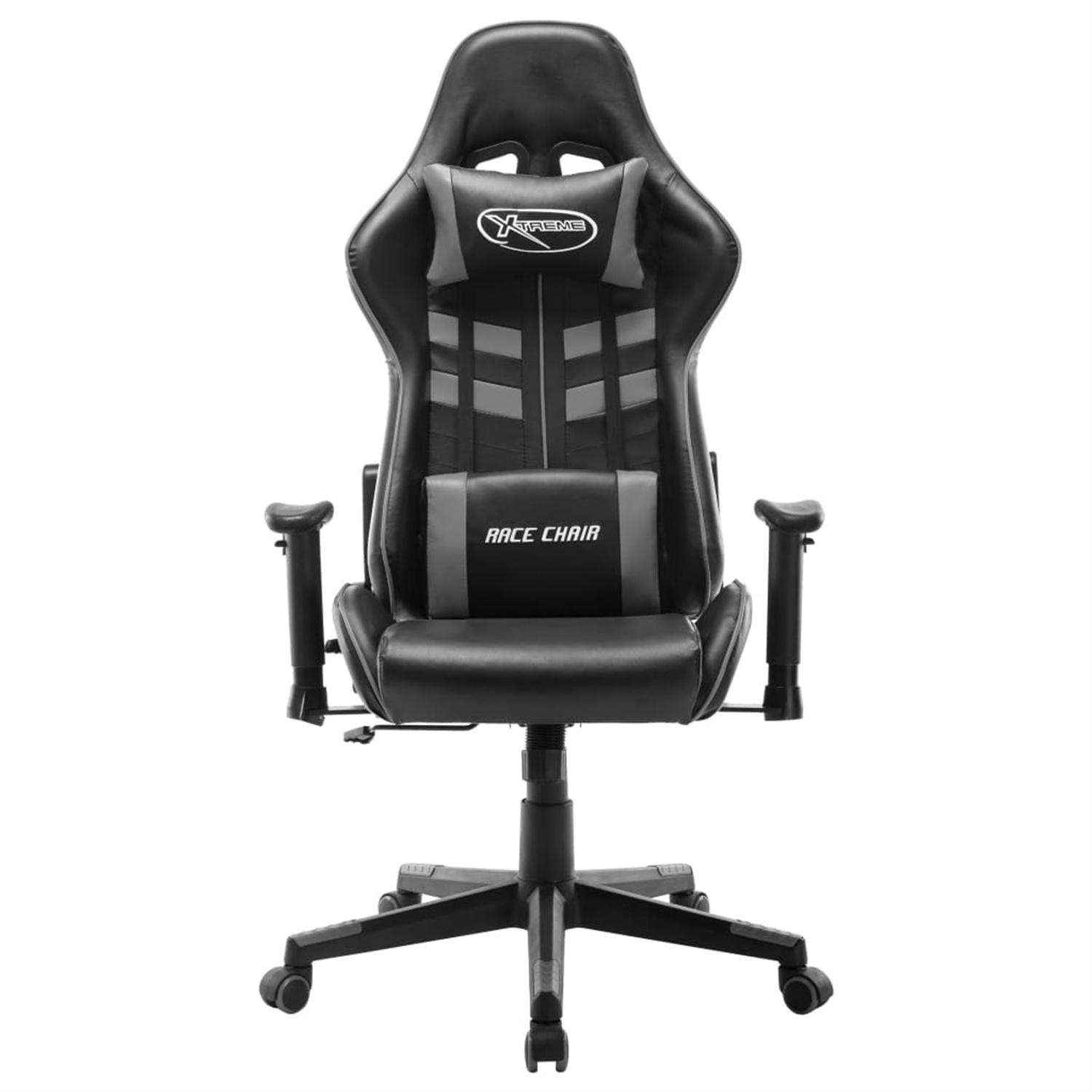 Ein schwarz-grauer Gaming-Stuhl. Er hat die Logos XTREME und RACE CHAIR. Weißer Hintergrund.