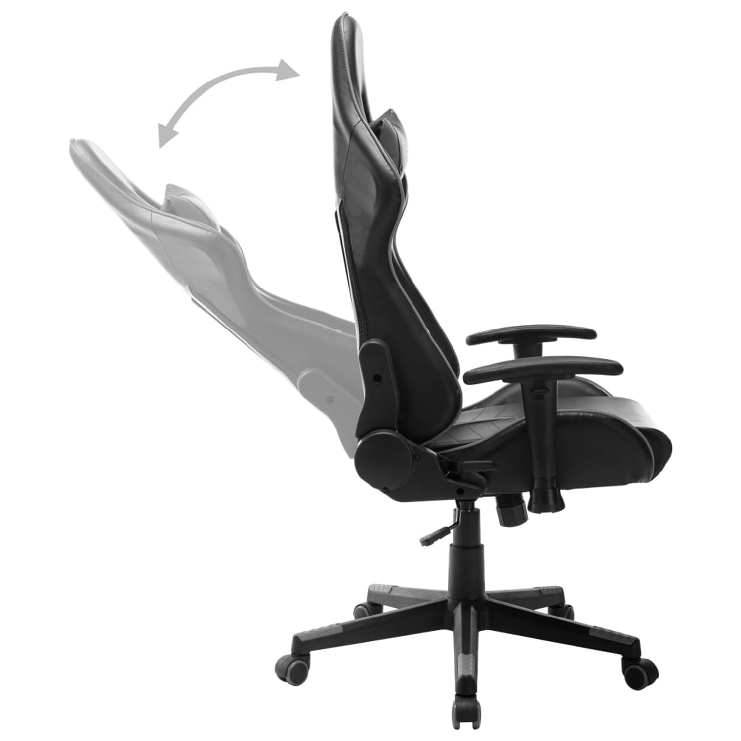 Schwarzer Gaming-Stuhl. Der Stuhl hat eine schwarze Basis mit Rädern. Der Stuhl ist zurückgelehnt.