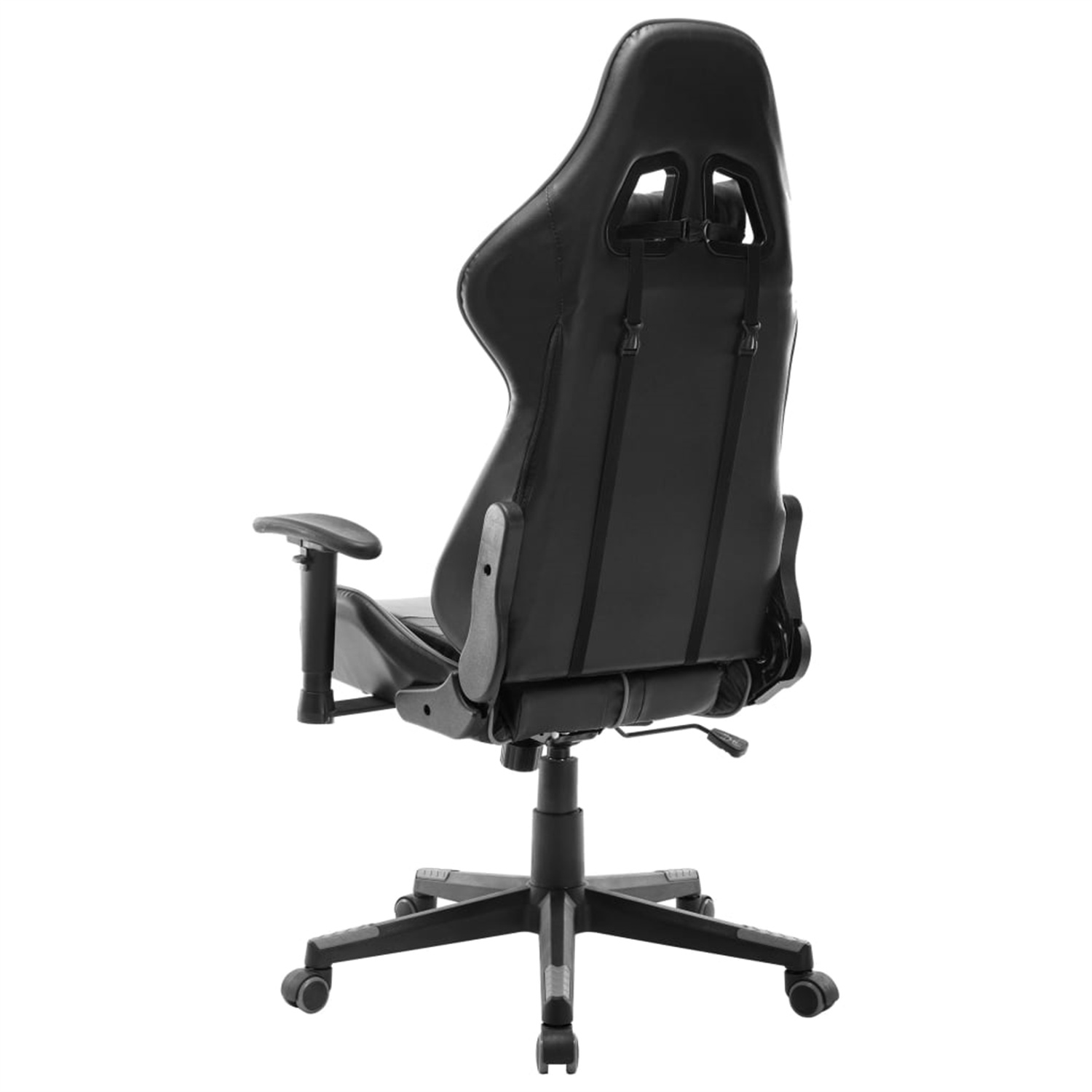 Schwarzer Gaming-Stuhl, Rückansicht mit Armlehnen und Rollen auf weißem Hintergrund.