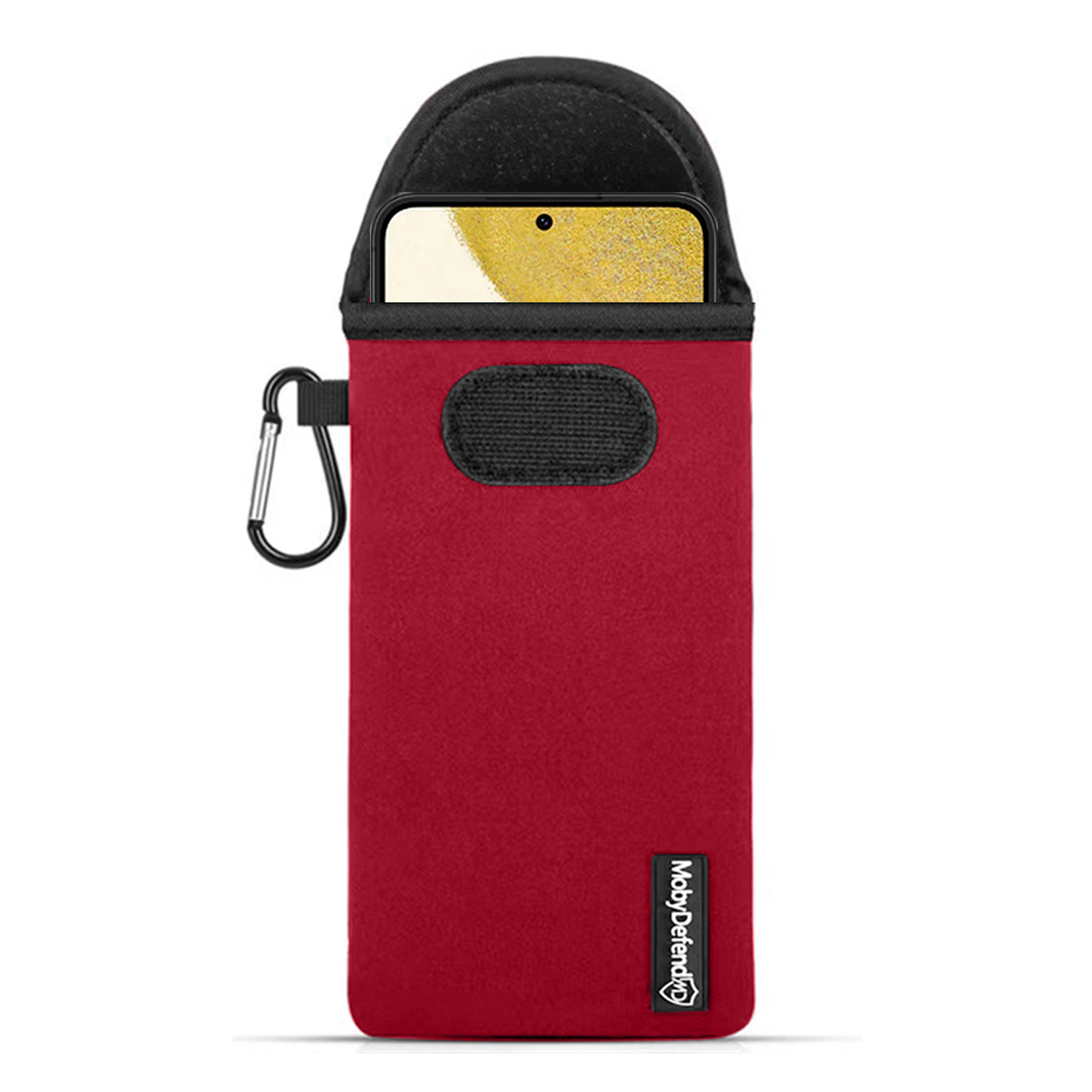 Coque de téléphone rouge avec un téléphone à l'intérieur. Un mousqueton à gauche.