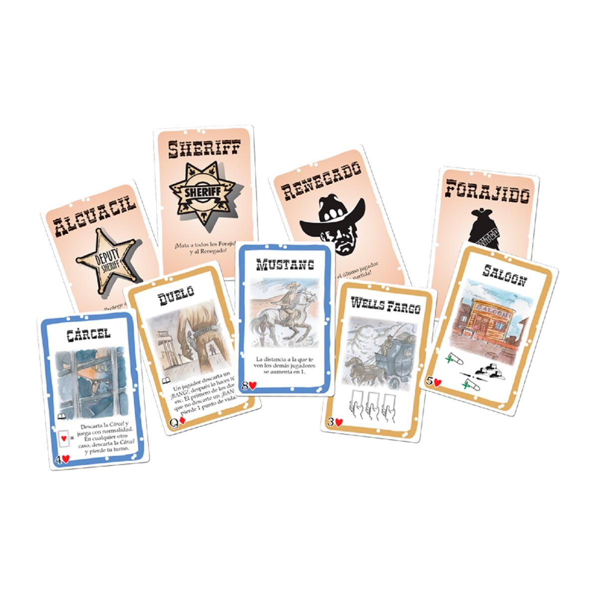 Cartas de un juego de mesa. Sheriff, Renegado, Forajido, Cárcel, Duelo, Mustang, Wells Fargo, Saloon.