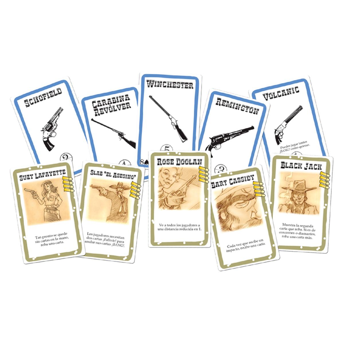 Cartas de un juego de mesa con ilustraciones de armas y personajes.