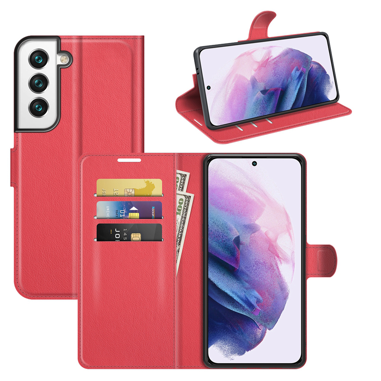 Rode telefoonhoes open, met kaarten, geld en telefoon. Telefoonscherm toont natuurscène, omhooggeklapt.