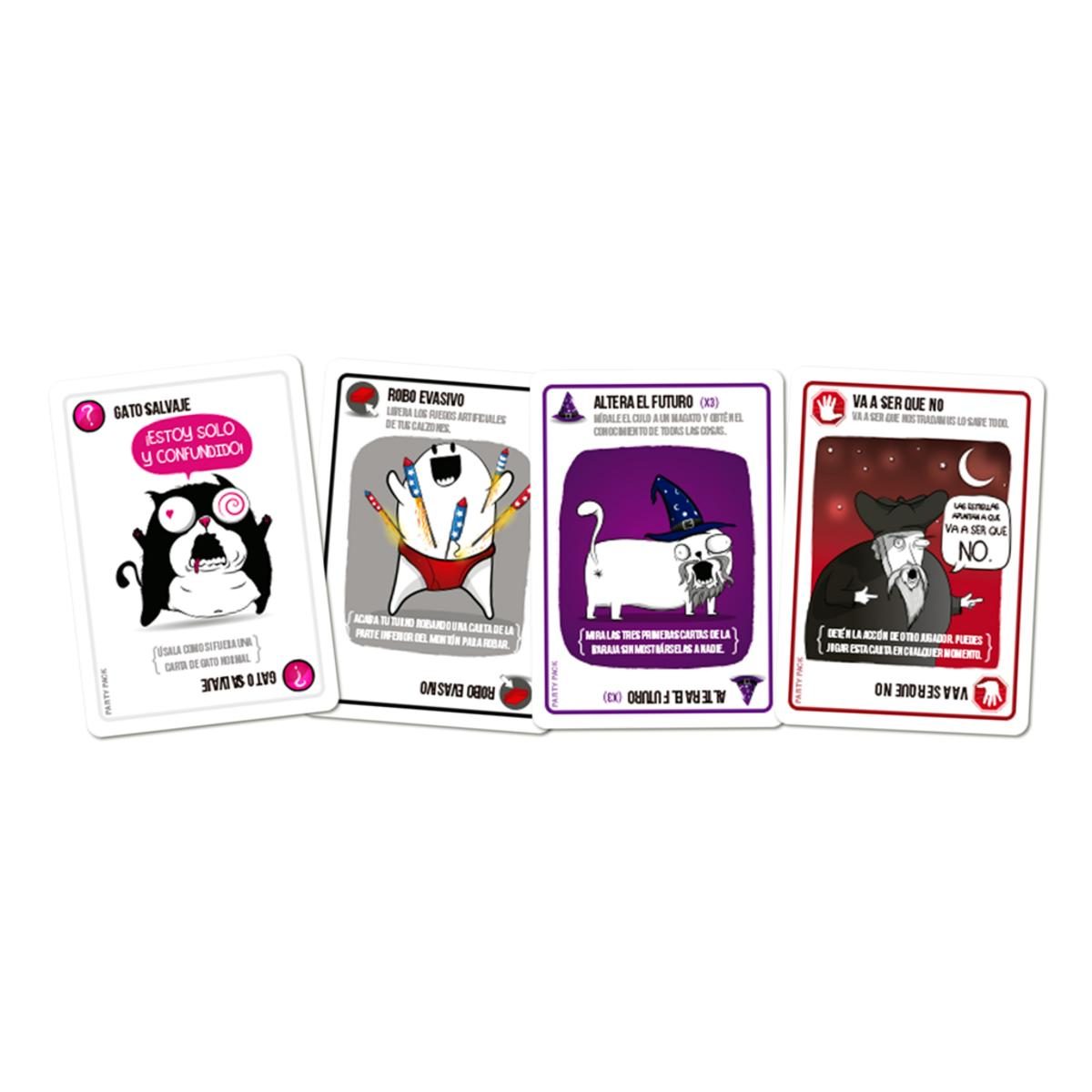 Cuatro cartas del juego Exploding Kittens, con ilustraciones de dibujos animados.