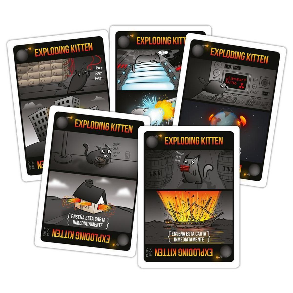 Cartas del juego Exploding Kittens. Varias cartas con ilustraciones de dibujos animados de gatitos explosivos.