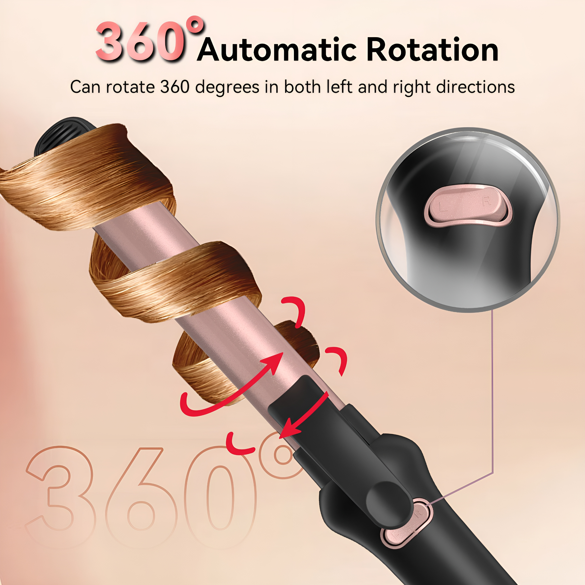 Ein Lockenstab mit braunem Haar darum gewickelt. Text: 360° Automatische Drehung, kann sich 360 Grad drehen.