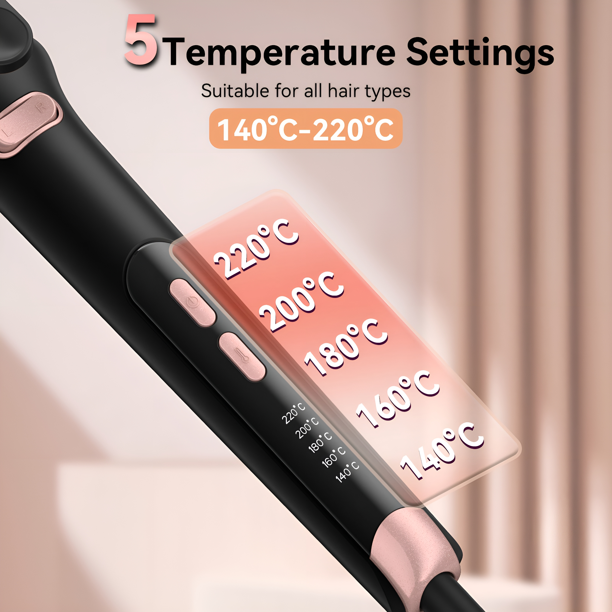 Ein Haarglätter mit 5 Temperatureinstellungen. Zeigt Temperaturen von 140 °C bis 220 °C. Geeignet für alle Haartypen.