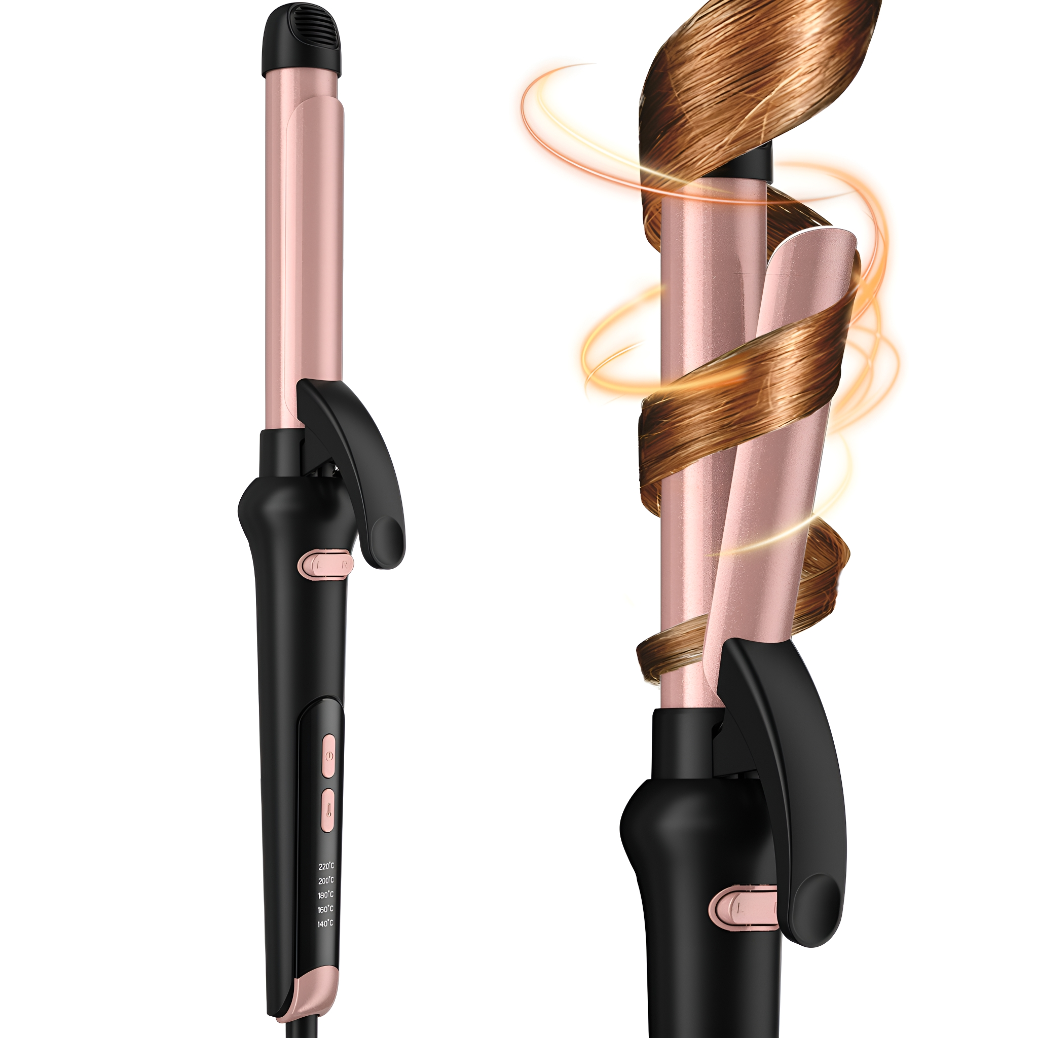 Ein roségoldfarbener Lockenstab mit schwarzem Griff. Haare sind um das Eisen gelockt. Weißer Hintergrund.