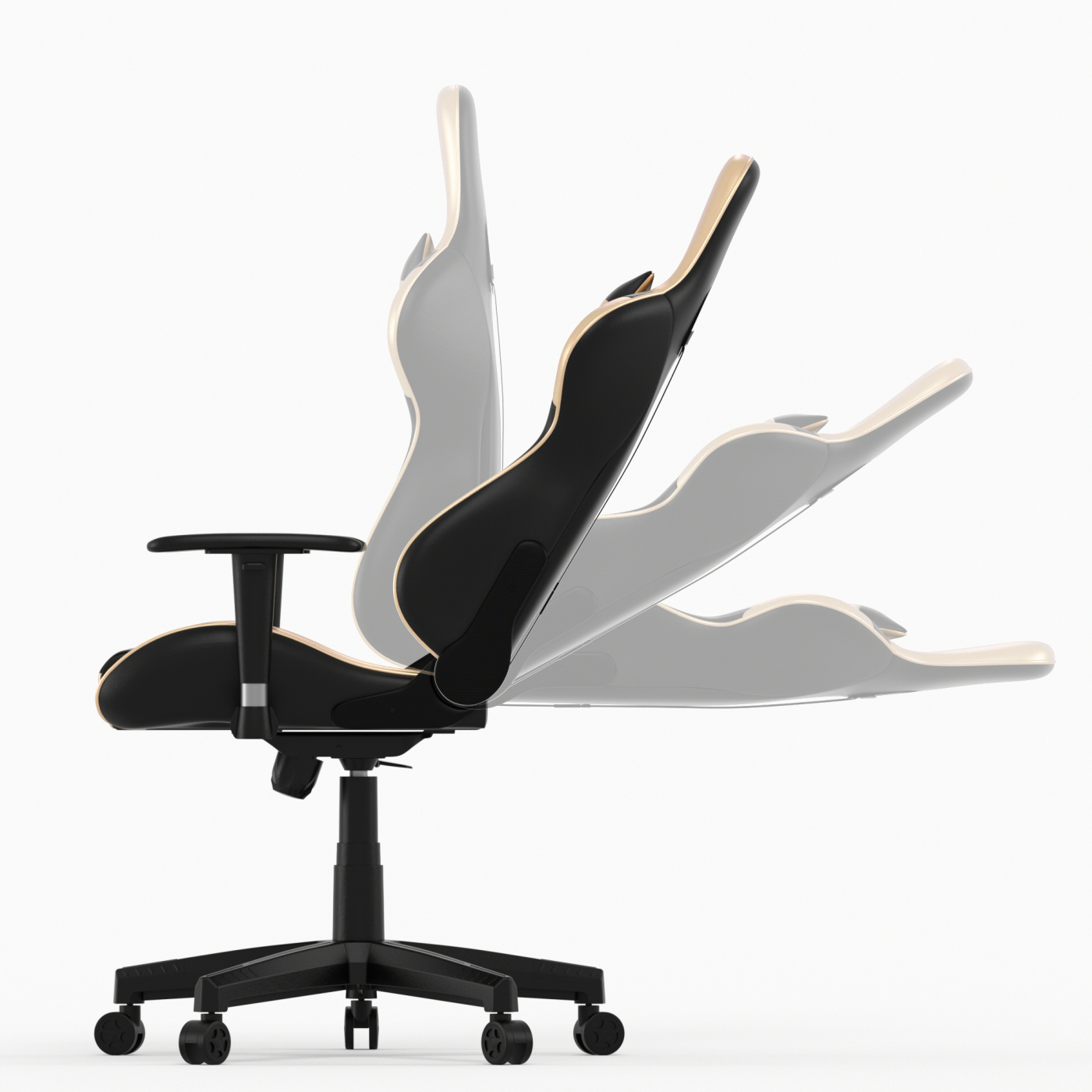 Zwarte en beige gamingstoel met verstelbare rugleuning en basis. Witte achtergrond.