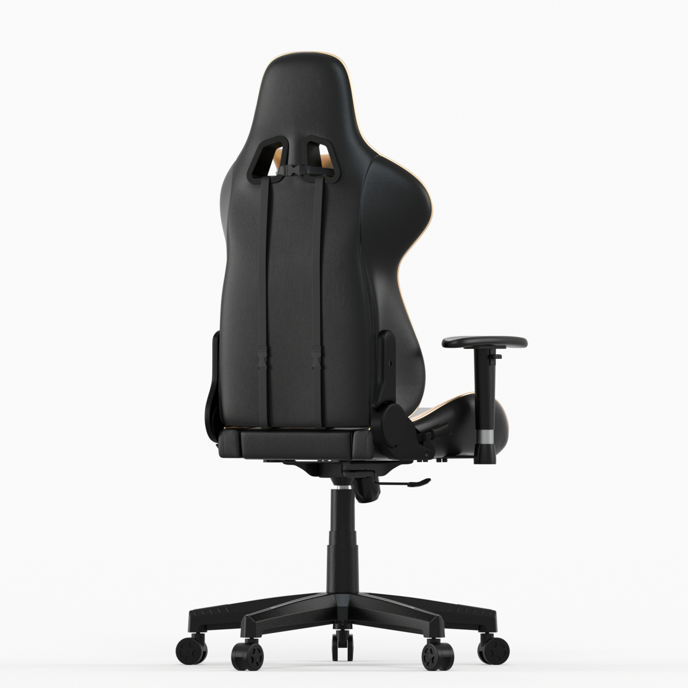 Gaming stoel, zwart met beige accenten, van achteren gezien, op een witte achtergrond.