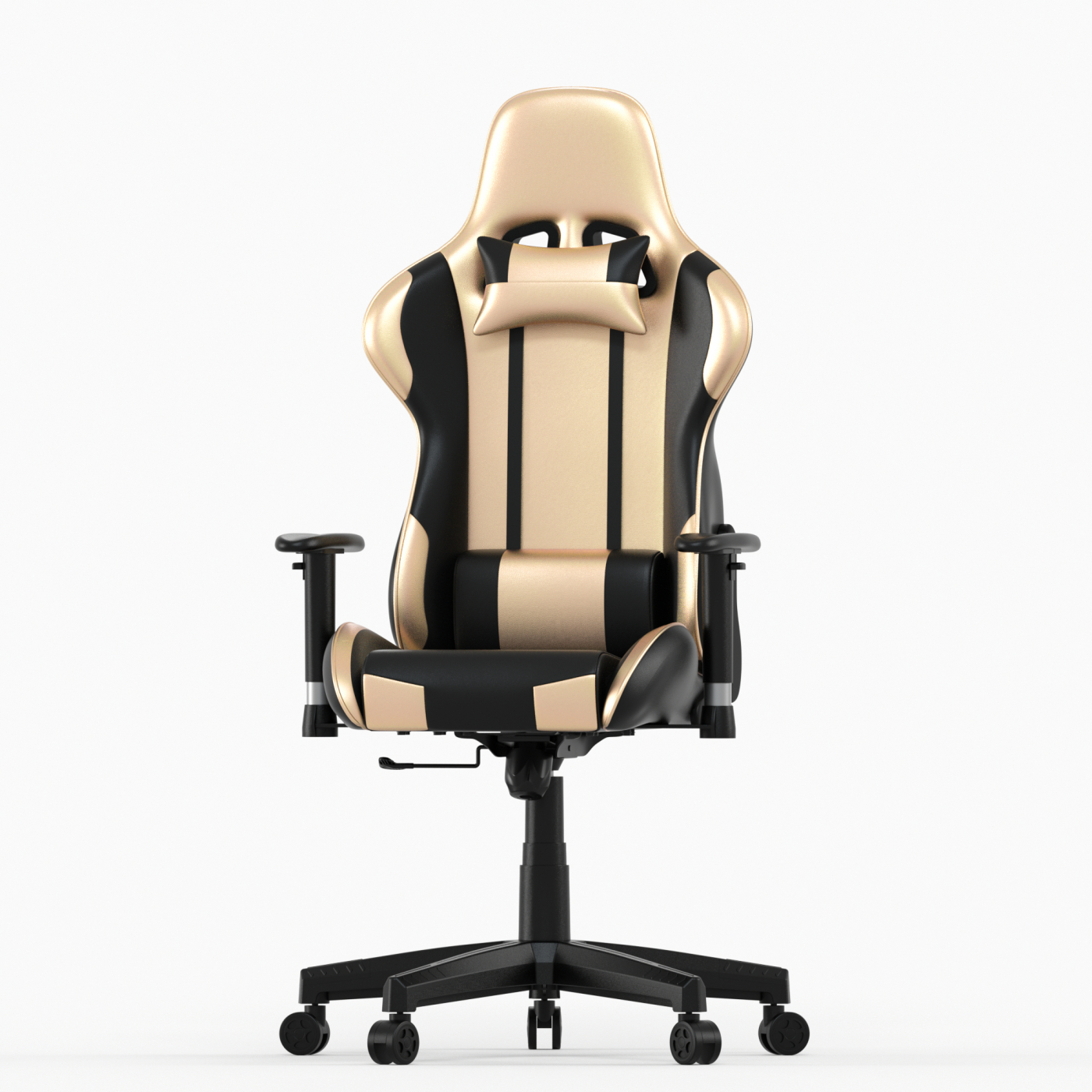 Gouden en zwarte gamingstoel op een witte achtergrond, met een hoofdsteun en armleuningen.