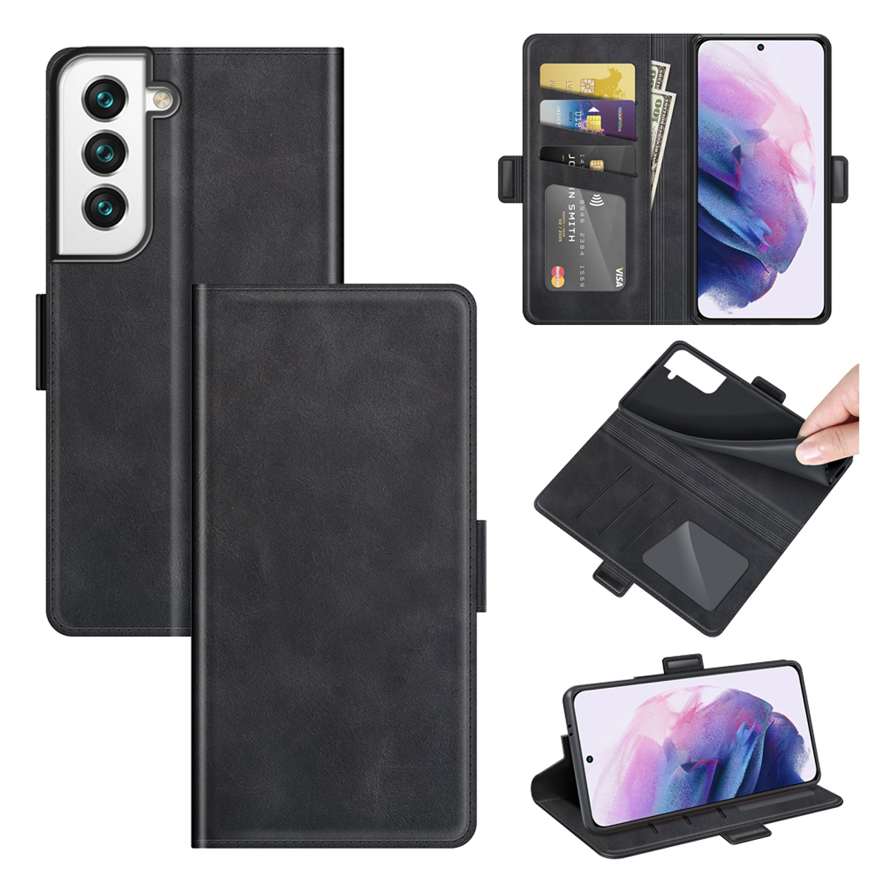 Zwarte leren telefoonhoes, open, met kaarten, geld en de telefoon erin. Een veelzijdig ontwerp voor opslag.
