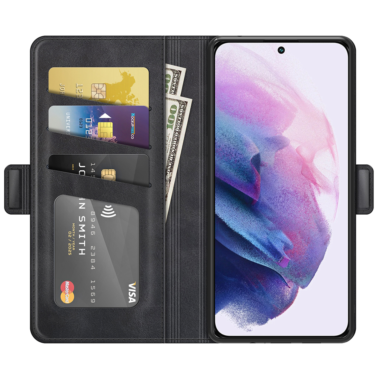 Zwarte leren telefoonhoes met kaarten en contant geld erin, ook met een telefoon.
