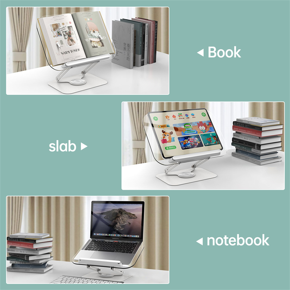 Bücher, Tablet und Laptop auf Ständern. Weißer Tisch und hellgrüner Hintergrund.