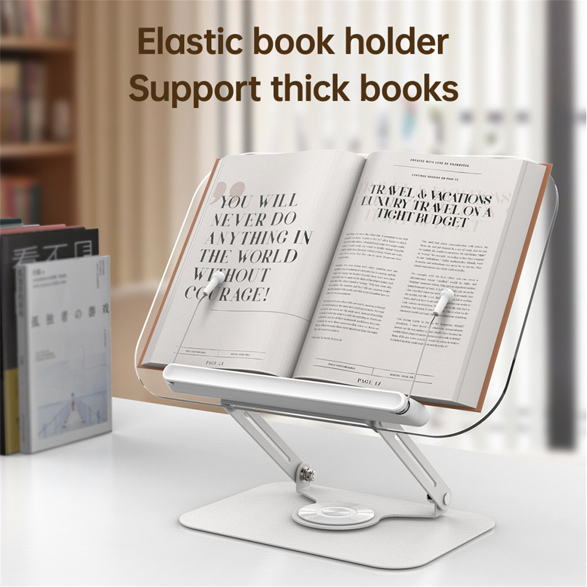 Ein Buch auf einem weißen Buchhalter mit Text und einem Stapel Bücher im Hintergrund.
