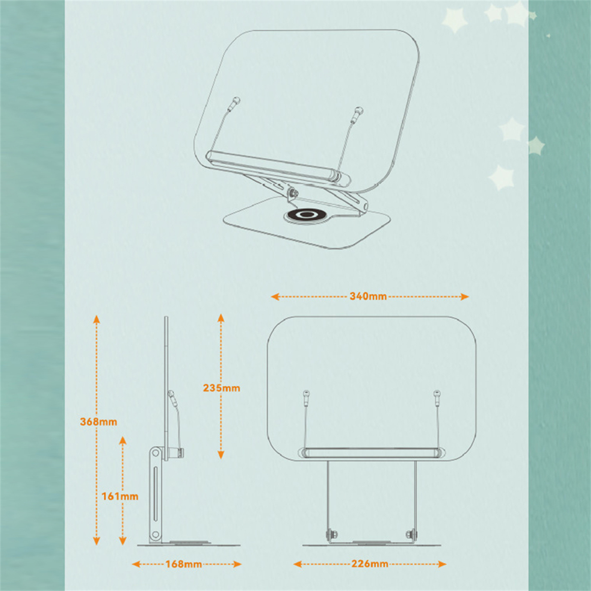 Diagramm eines Leseständers mit Abmessungen. Er hat verstellbare Winkel und einen Sockel.