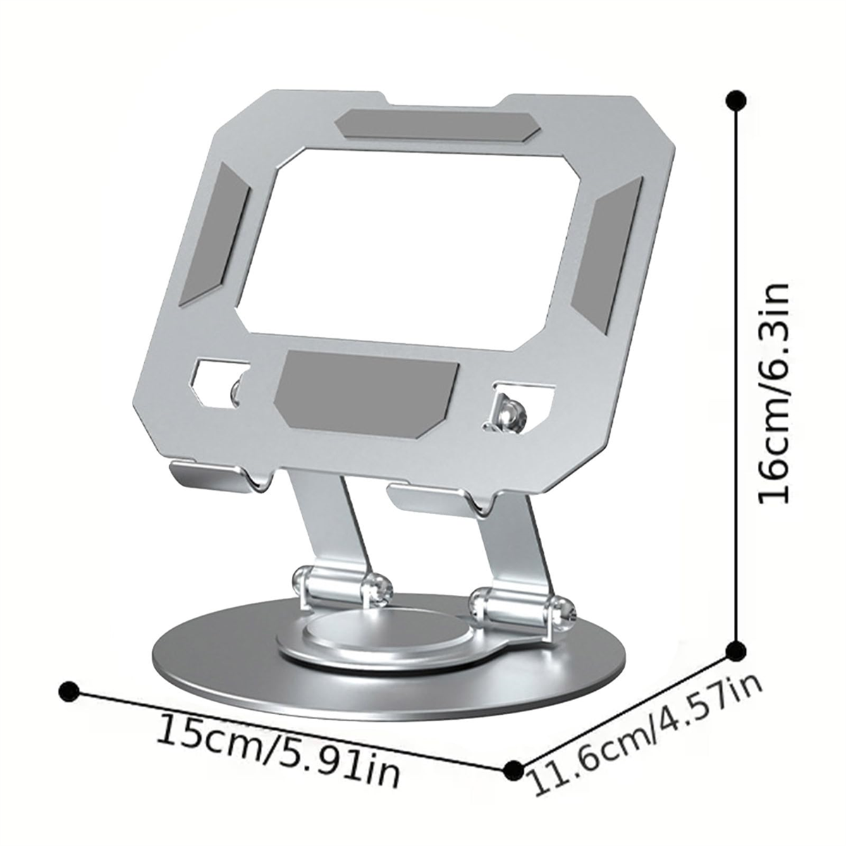 Silberner Laptop-Ständer. Abmessungen: 15 cm/5,91 Zoll x 11,6 cm/4,57 Zoll x 16 cm/6,3 Zoll.