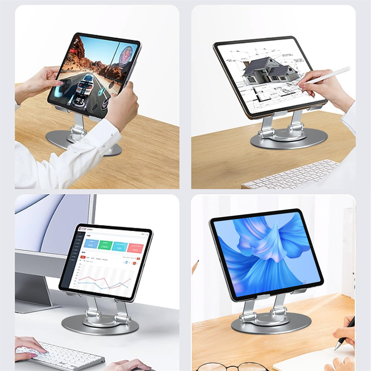 Tablets auf Ständern mit verschiedenen Oberflächen, darunter ein Rennspiel, Architekturdesign und Datendiagramme.