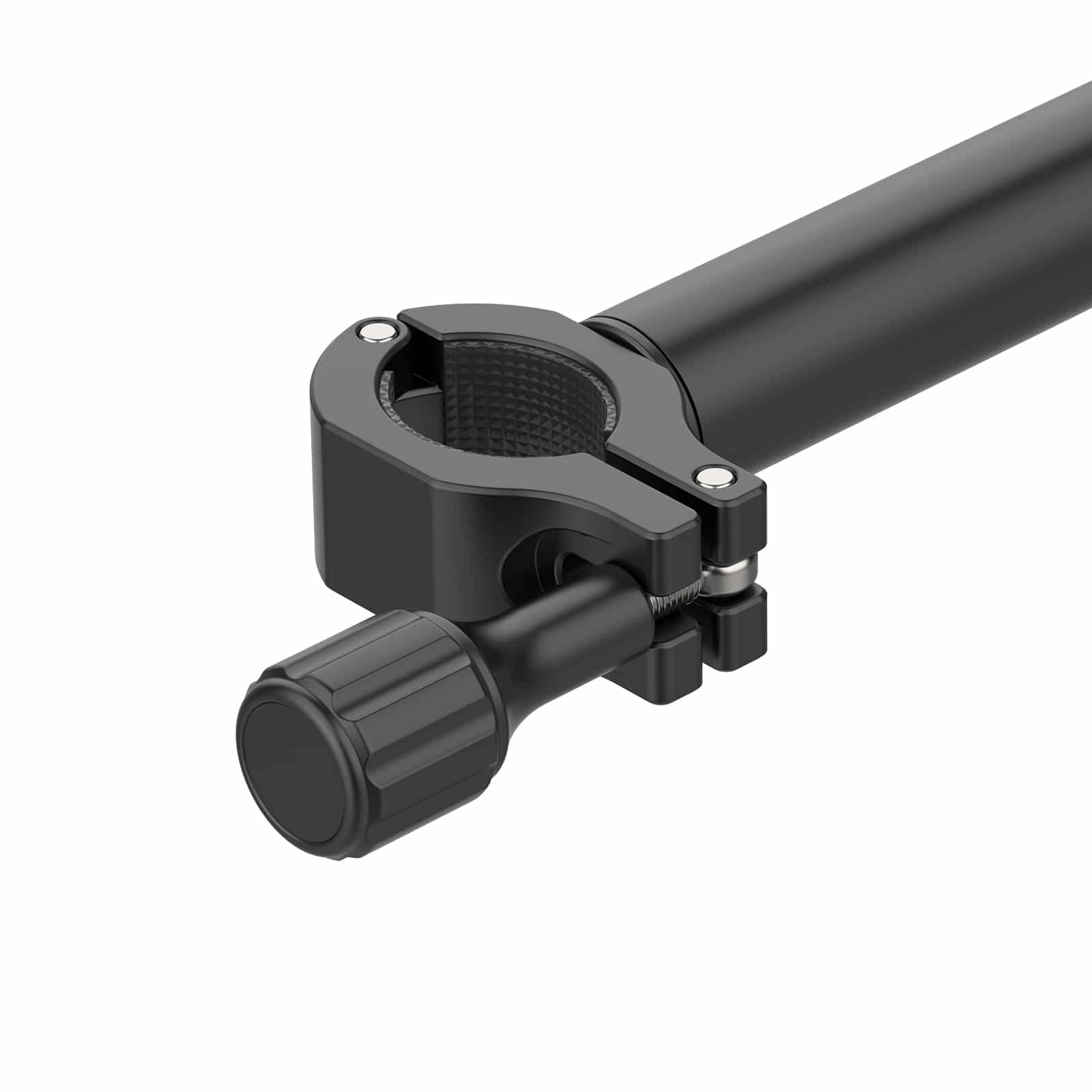 A black clamp with a knob on a white background.