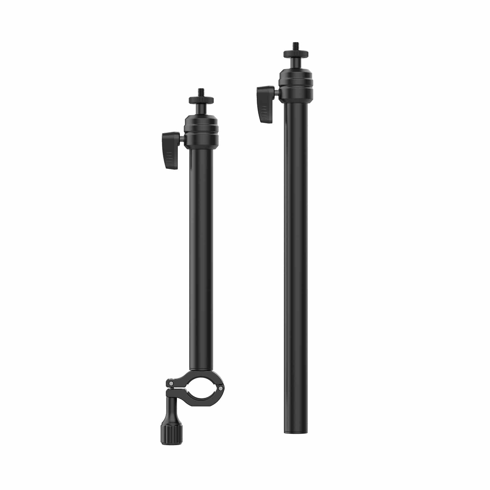 Two black adjustable poles with a clamp and a screw-on top for mounting on a table or other surfaces.