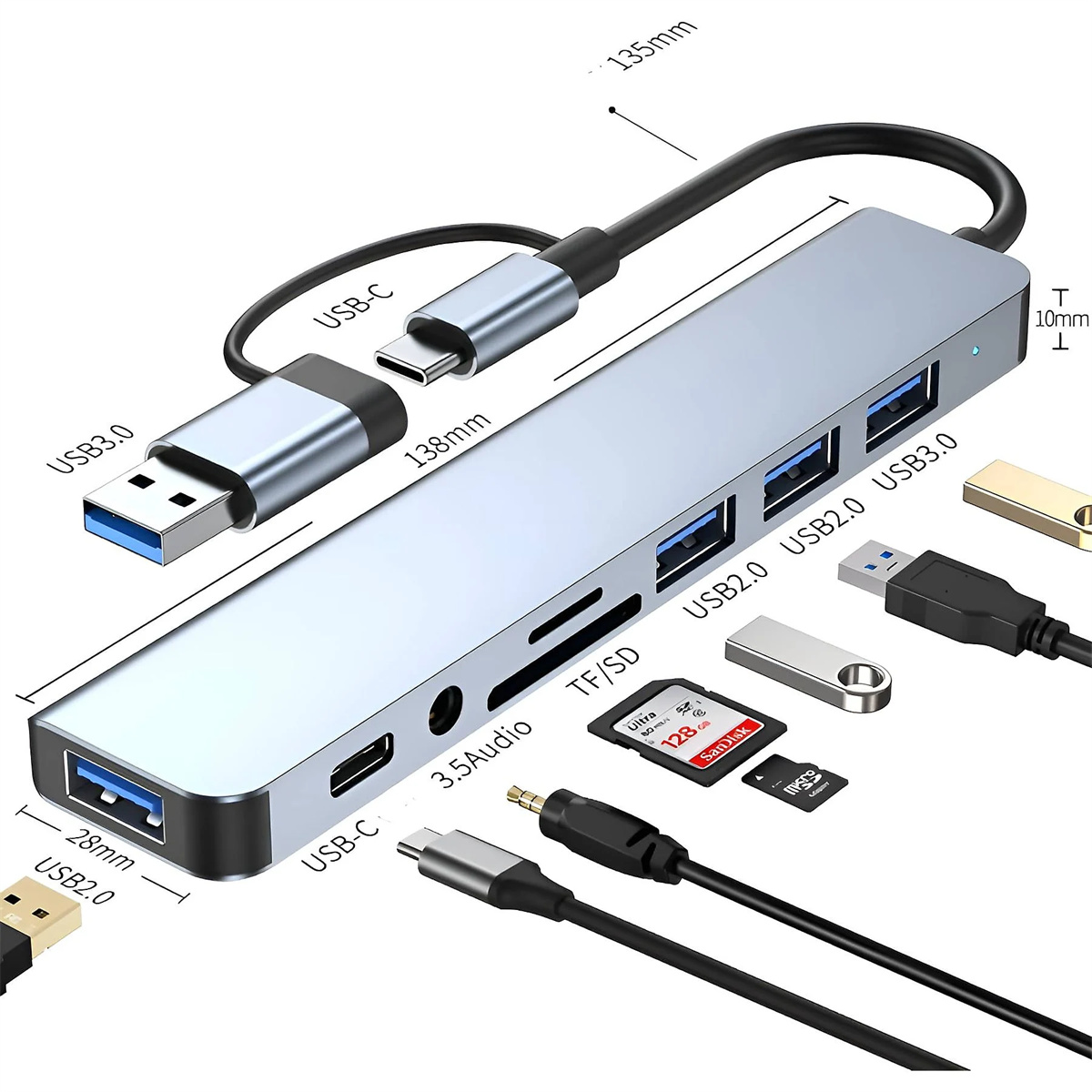 USB-Hub mit mehreren Anschlüssen und USB-Kabeln. Enthält USB 3.0, USB 2.0 und SD-Kartensteckplätze. Weiß.