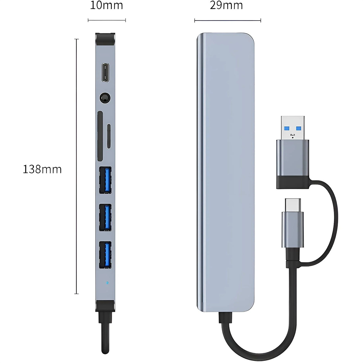 Ein grauer USB-Hub mit mehreren Anschlüssen und einem USB- und USB-C-Kabel. Abmessungen sind angegeben.