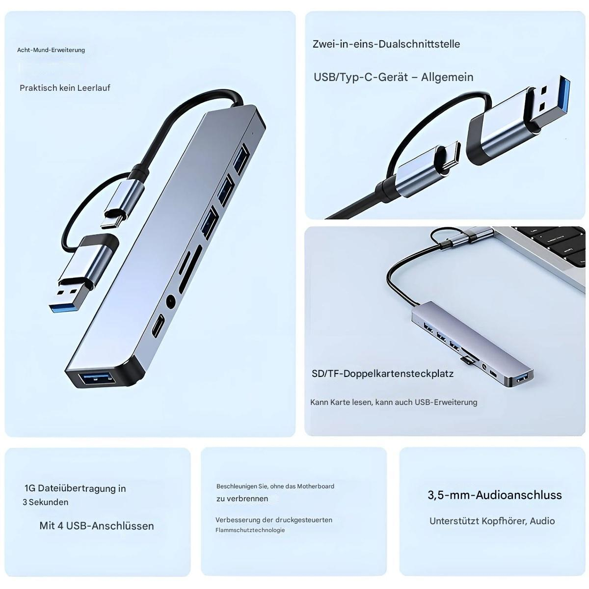 Silberner USB-Hub mit mehreren Anschlüssen und Kabeln. Verfügt über 4 USB-Anschlüsse.