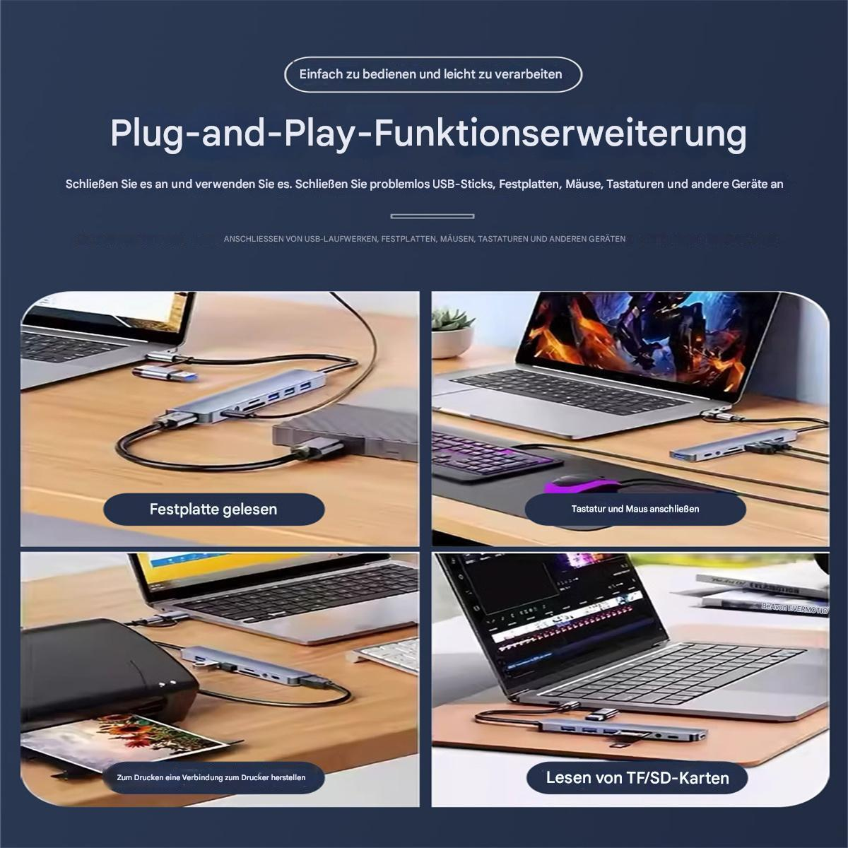 Bild mit mehreren Geräten, die an einen USB-Hub angeschlossen sind.