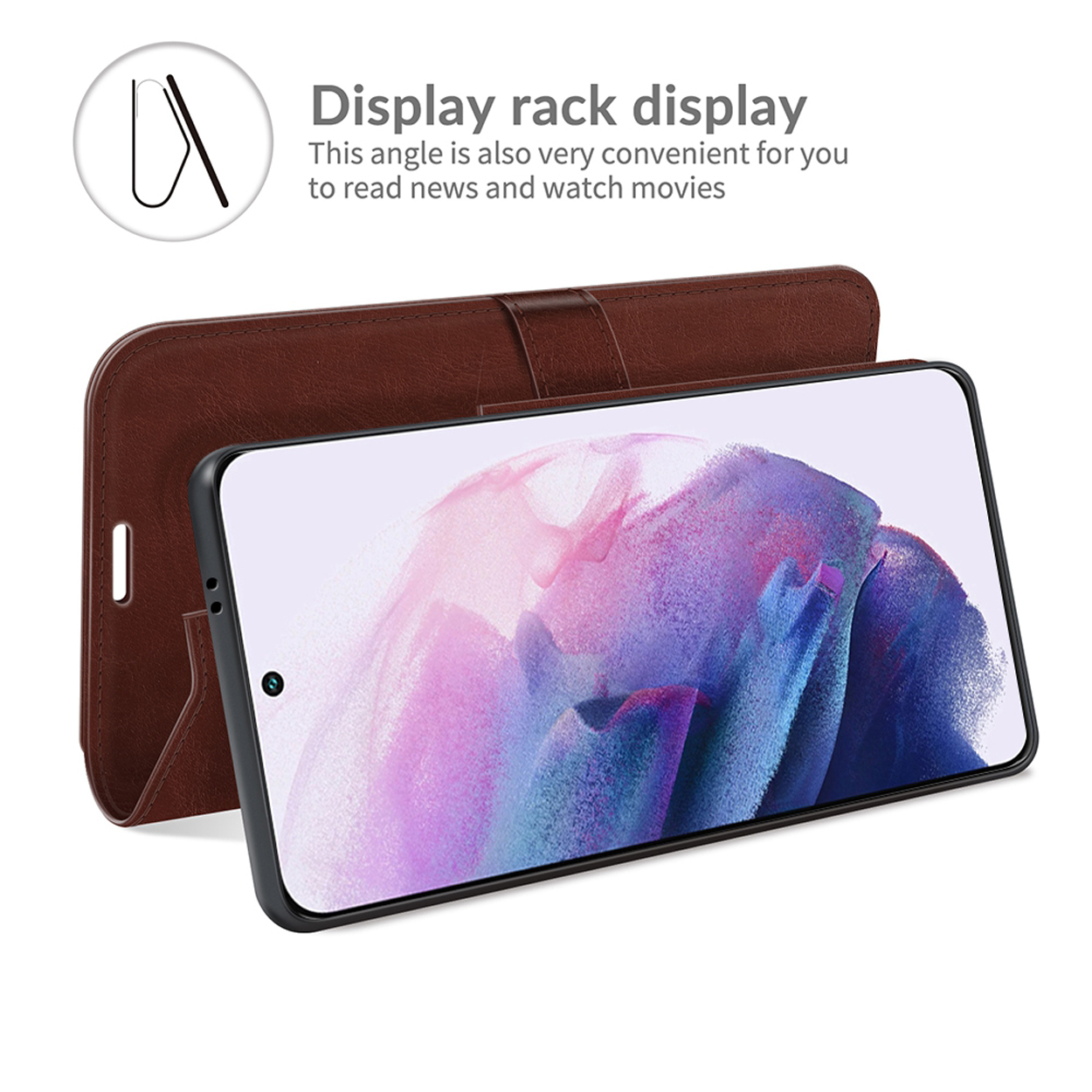 Bruine telefoonhoes met telefoon erin. Tekst: 'Display rack display'.