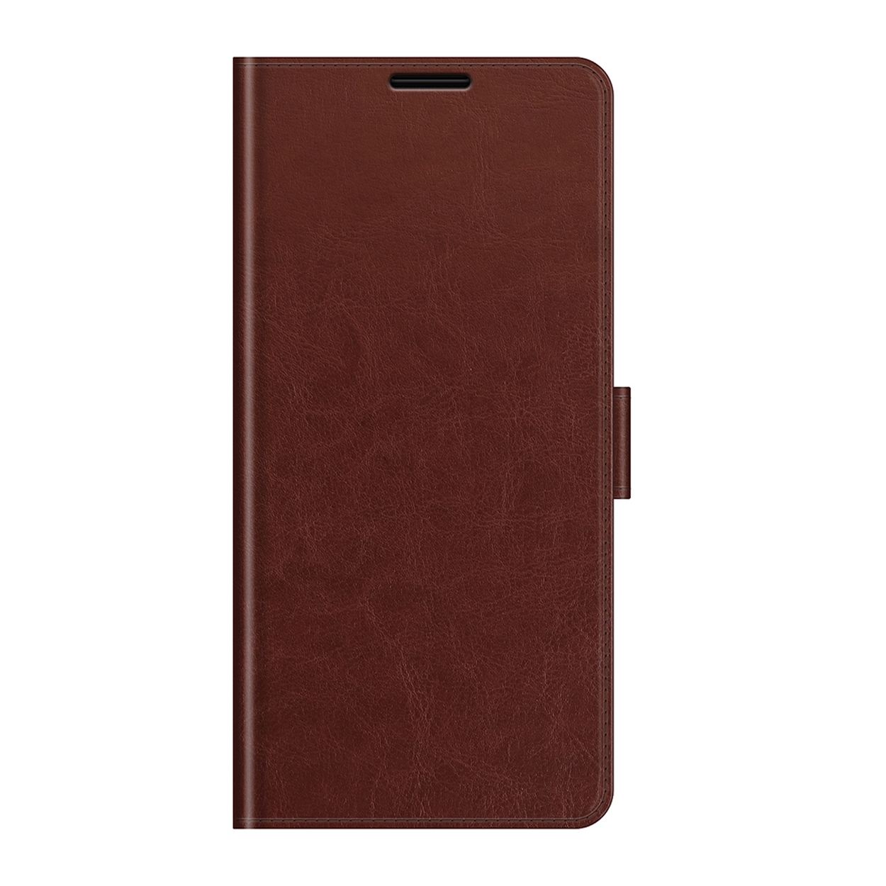 Bruine leren telefoonhoes, gesloten. Verticaal, met magneetsluiting. Eenvoudig ontwerp.