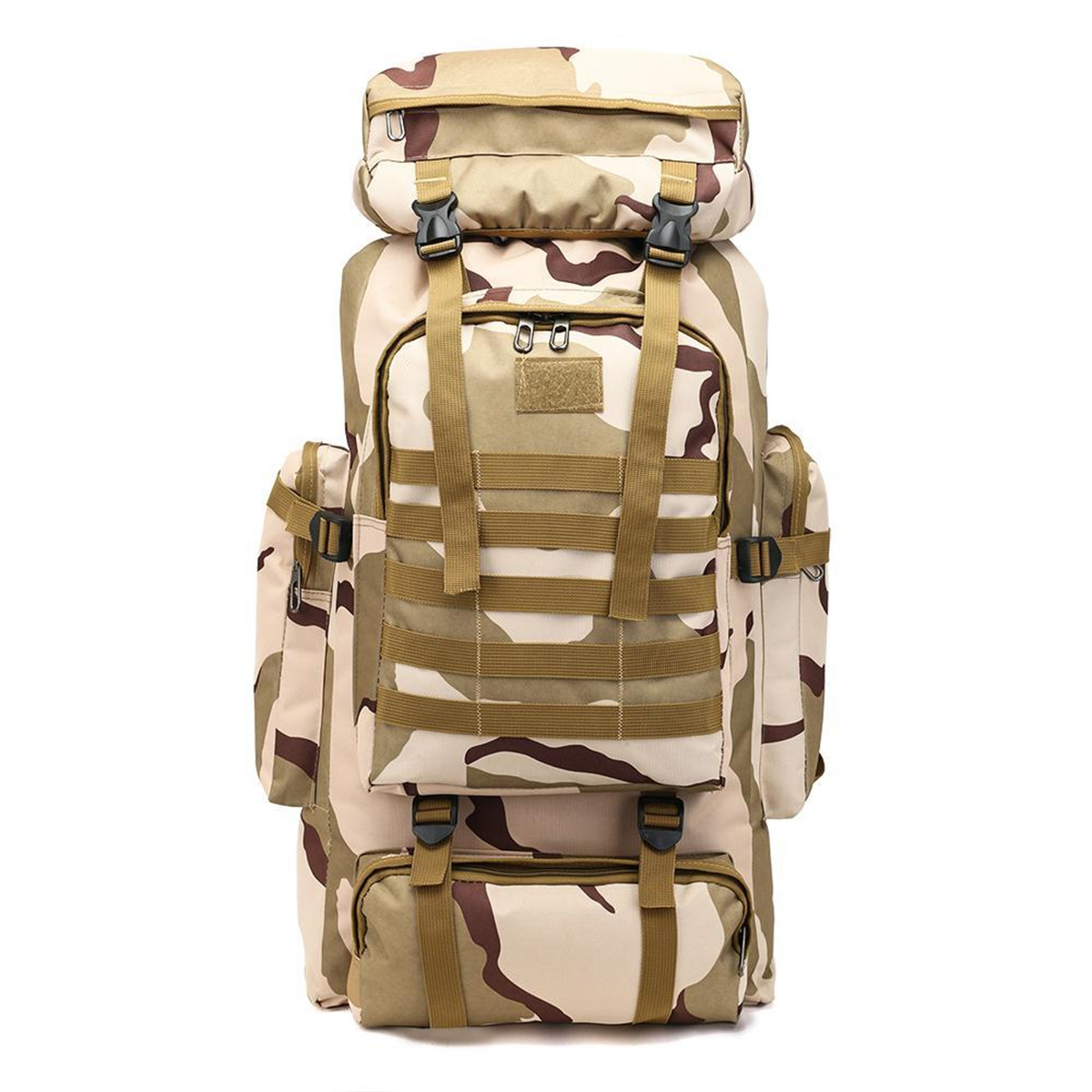 Großer Tarnrucksack mit mehreren Taschen, Riemen und Schnallen, vor weißem Hintergrund.