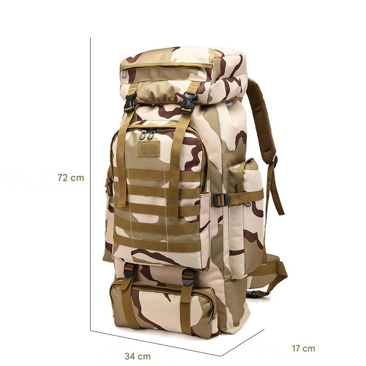 Ein großer beigefarbener und brauner Tarnrucksack. Abmessungen sind angegeben. Weißer Hintergrund.