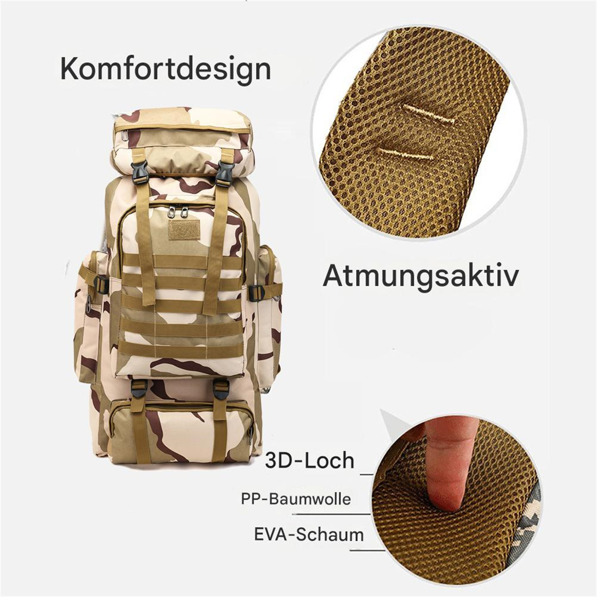 Ein khaki- und beigefarbener Rucksack mit mehreren Fächern und Riemen, mit Nahaufnahmen von atmungsaktivem Material.