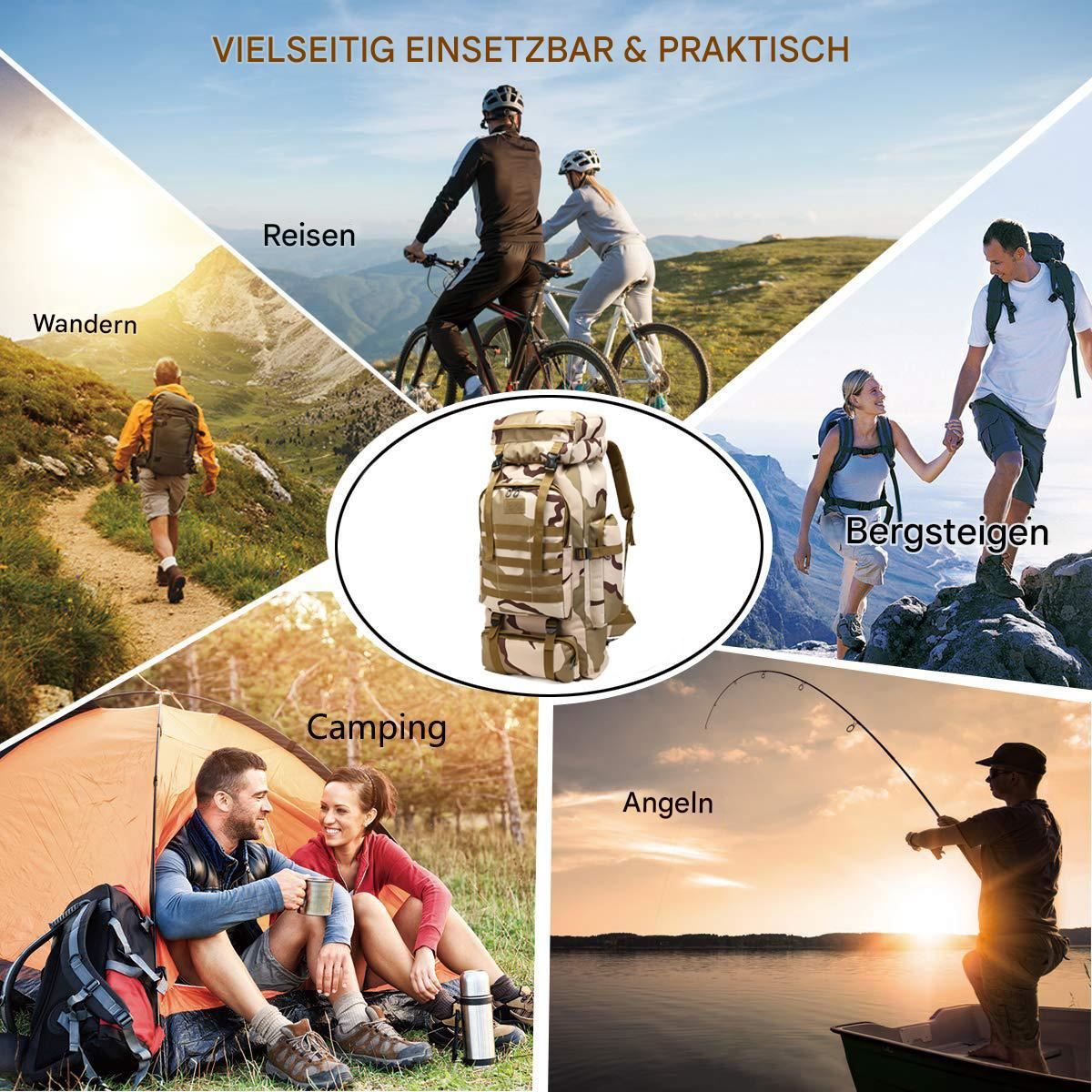 Menschen genießen verschiedene Outdoor-Aktivitäten: Wandern, Camping, Radfahren und Angeln.