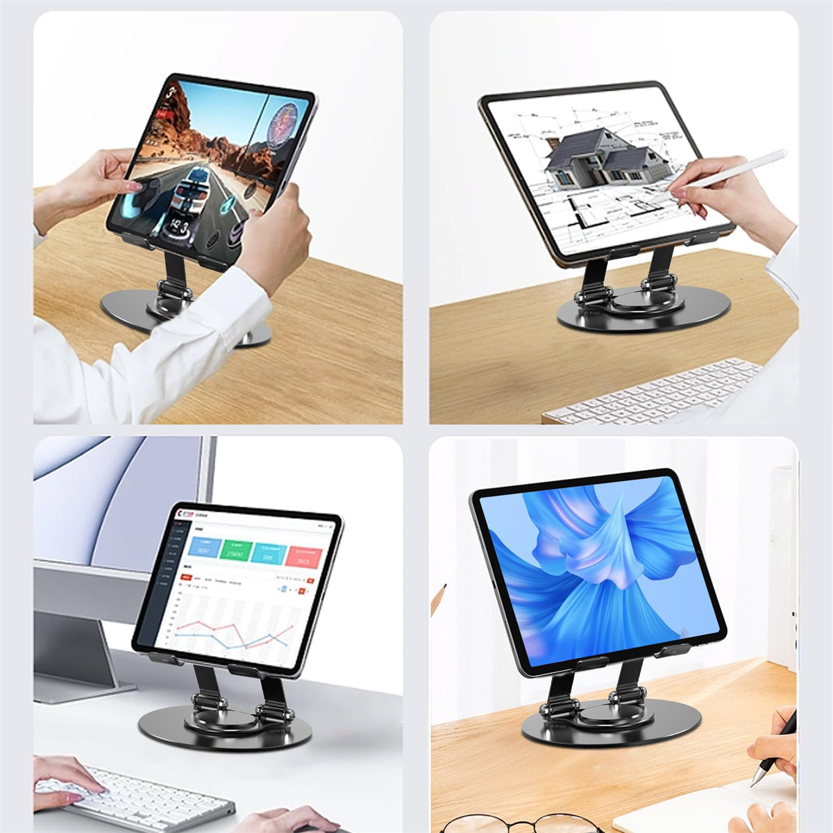 Vier Bilder eines Tablets auf einem Ständer, verwendet für verschiedene Zwecke: Gaming, Zeichnen, Datenanalyse und Surfen.