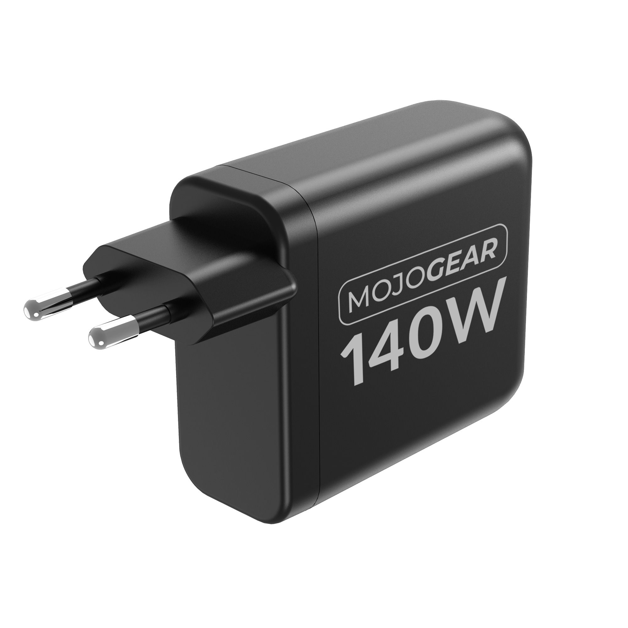 Een zwarte MOJOGEAR 140W voedingsadapter met twee pinnen.