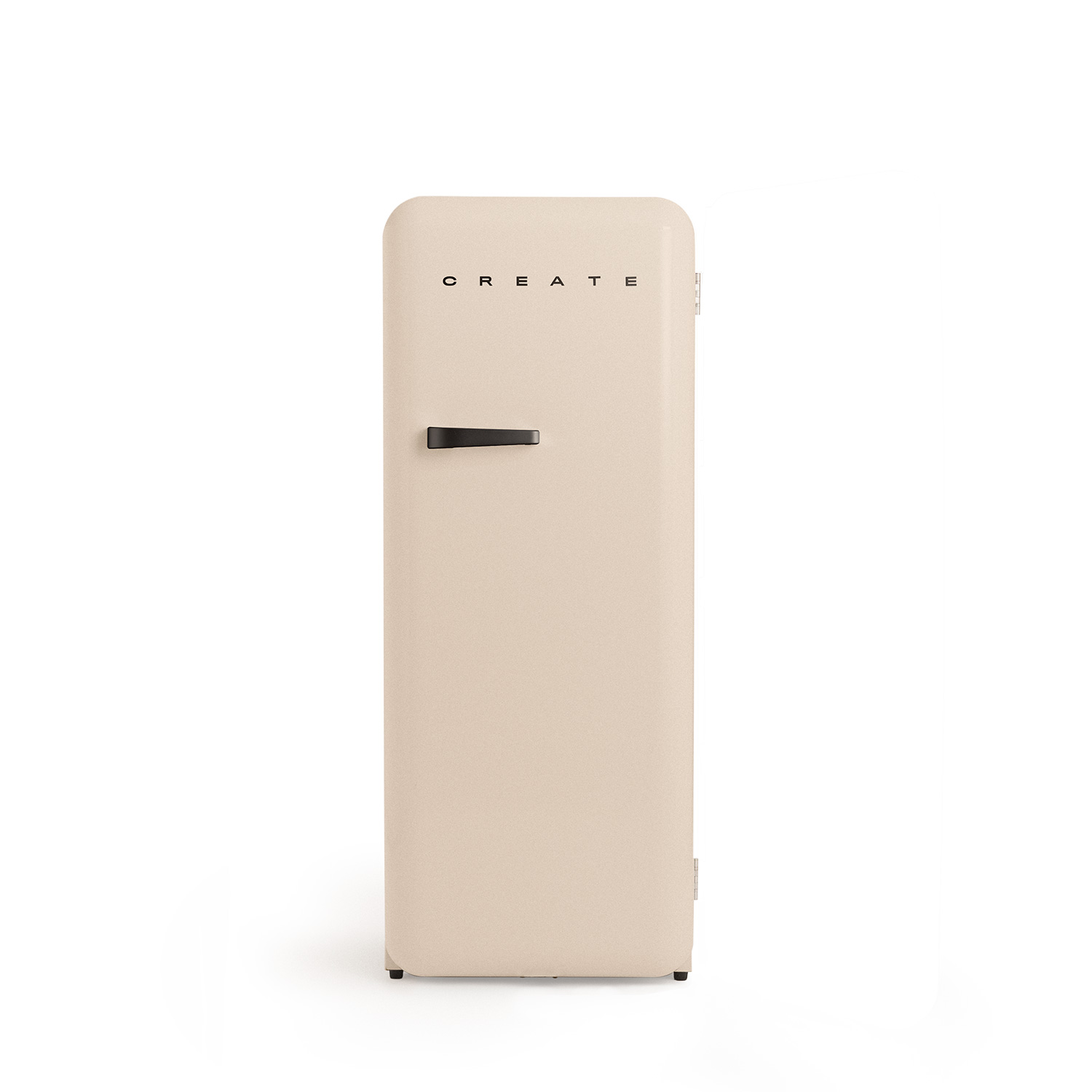 Refrigerador beige con asa negra y marca CREATE. Aislado sobre fondo blanco.