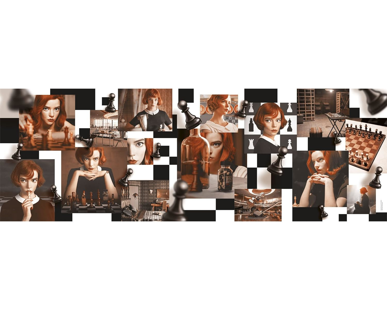 Eine Collage von Bildern aus The Queen's Gambit. Anya Taylor-Joy ist das Hauptmotiv beim Schachspielen.