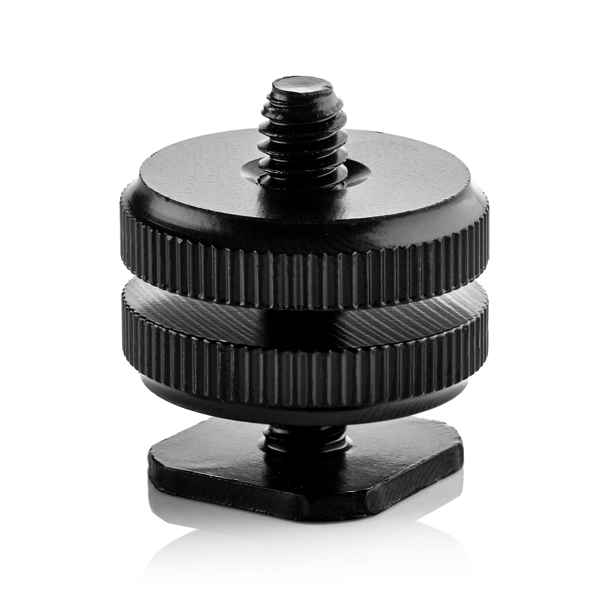 Een zwarte metalen schroef met een basis. De schroef heeft groeven.