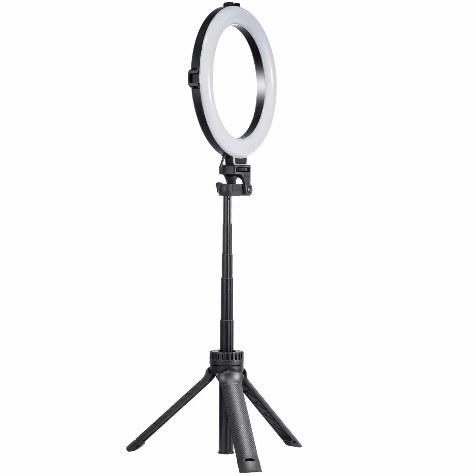 Ring light on a stand. The light is white. The stand is black, with a tripod base.