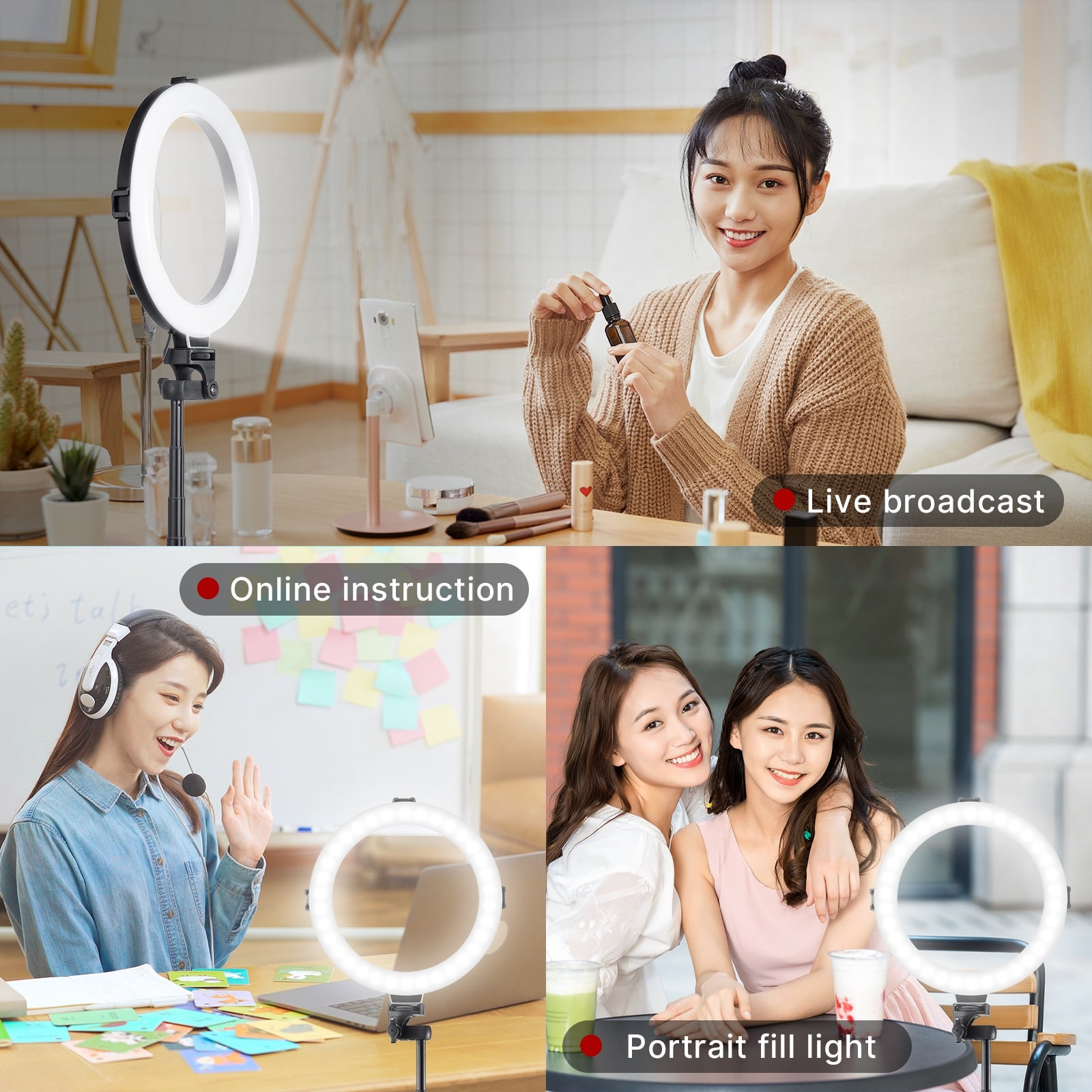 Collage showing people using ring lights for live broadcasts, online instruction, and portrait fill light.