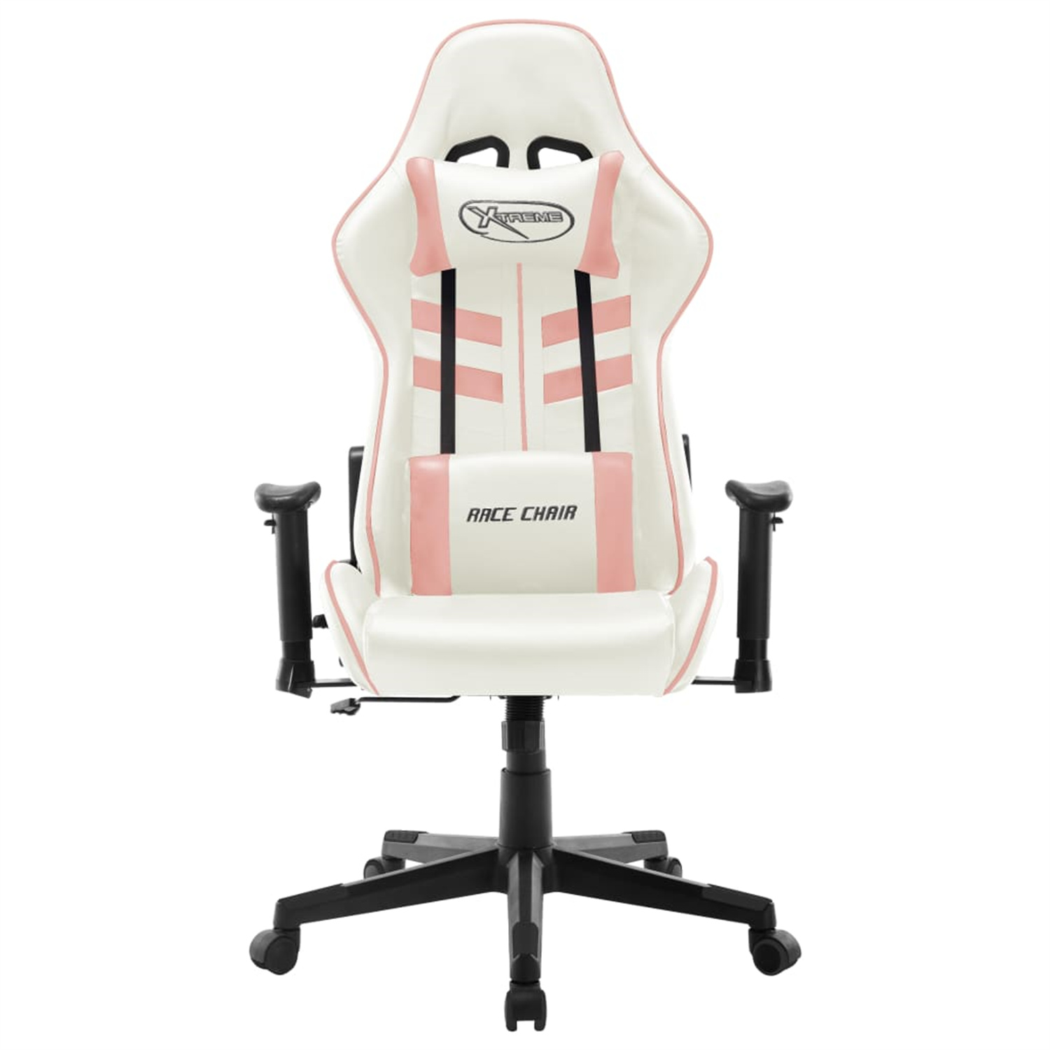 Weiß-rosa Gaming-Stuhl, Vorderansicht, mit schwarzem Untergestell und Armlehnen.