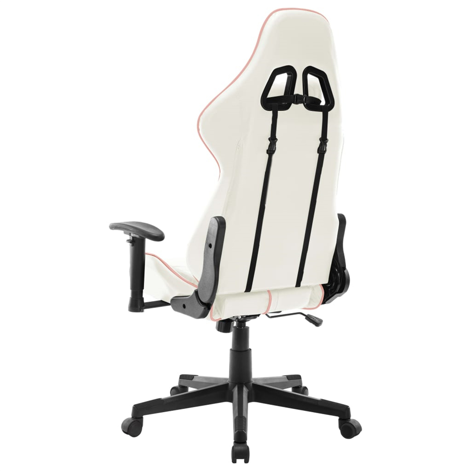 Weißer und rosa Gaming-Stuhl, Rückansicht, schwarze Armlehnen und Stützen.