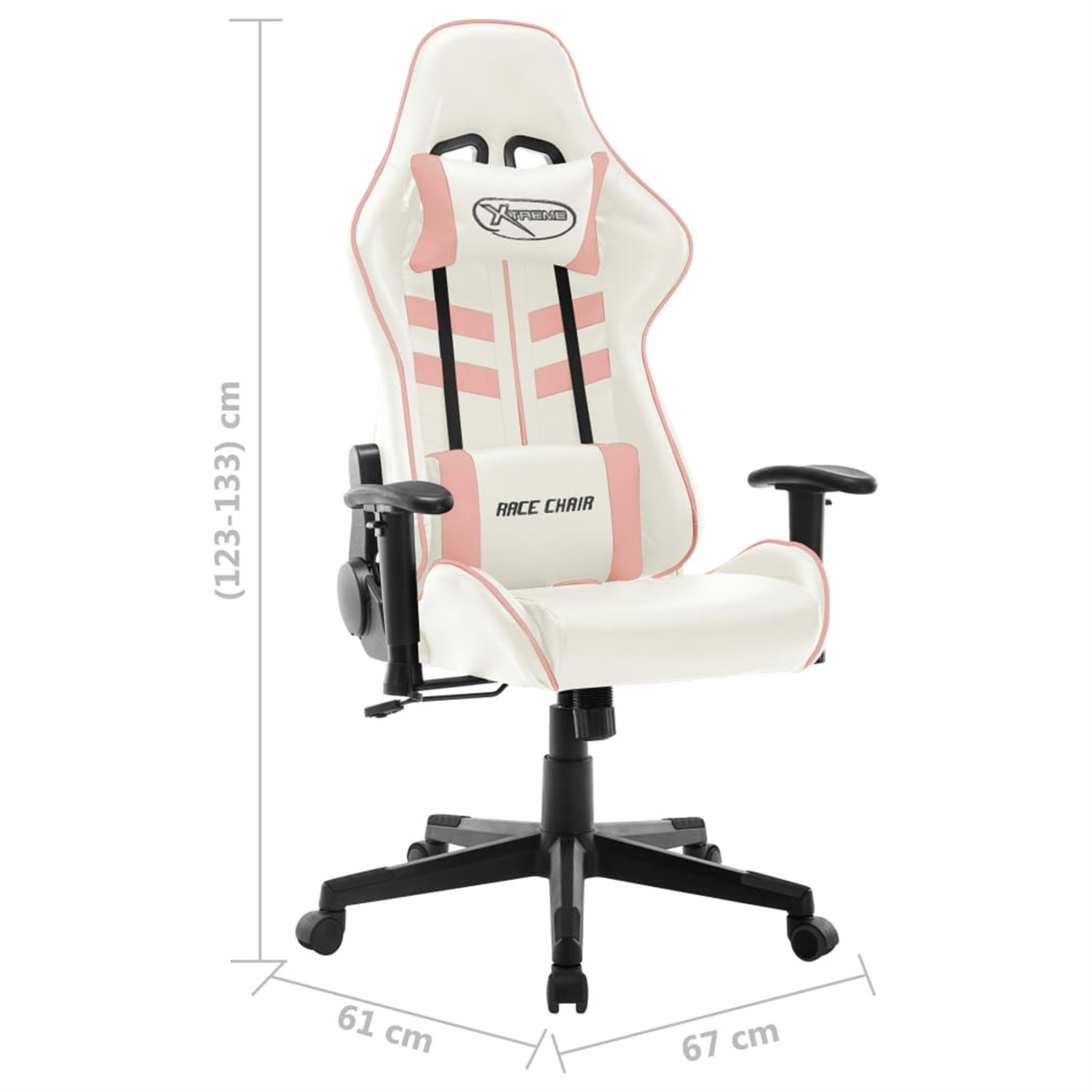 Weiß-rosa Gaming-Stuhl mit Maßen und Beschriftungen.