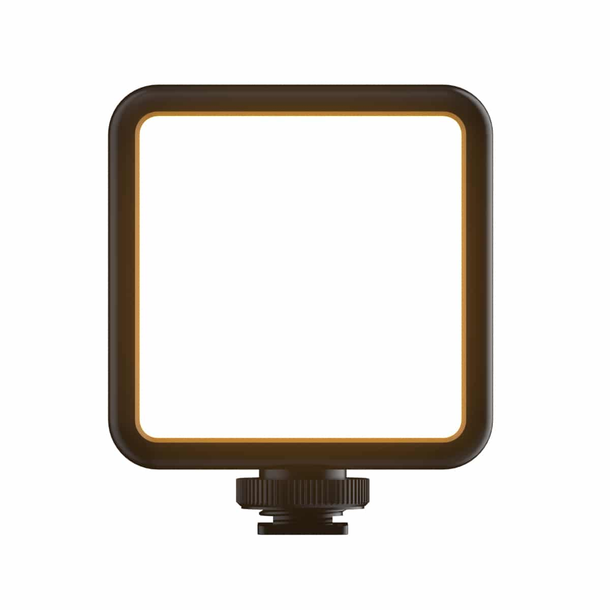 Kwadratowa czarna lampa z białym, podświetlonym środkiem, zamontowana na statywie.