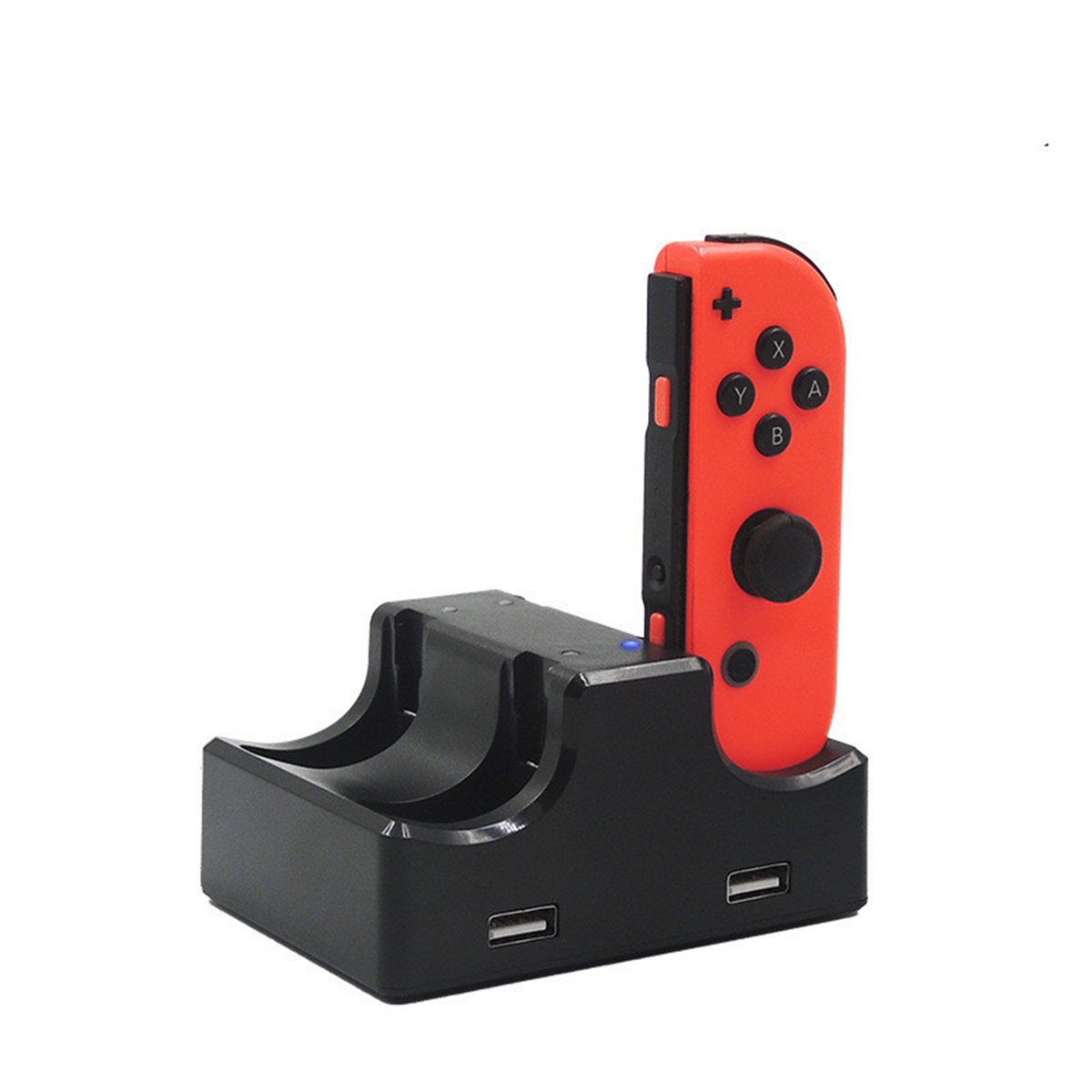 Eine schwarze Ladestation mit einem roten Nintendo Switch Controller.
