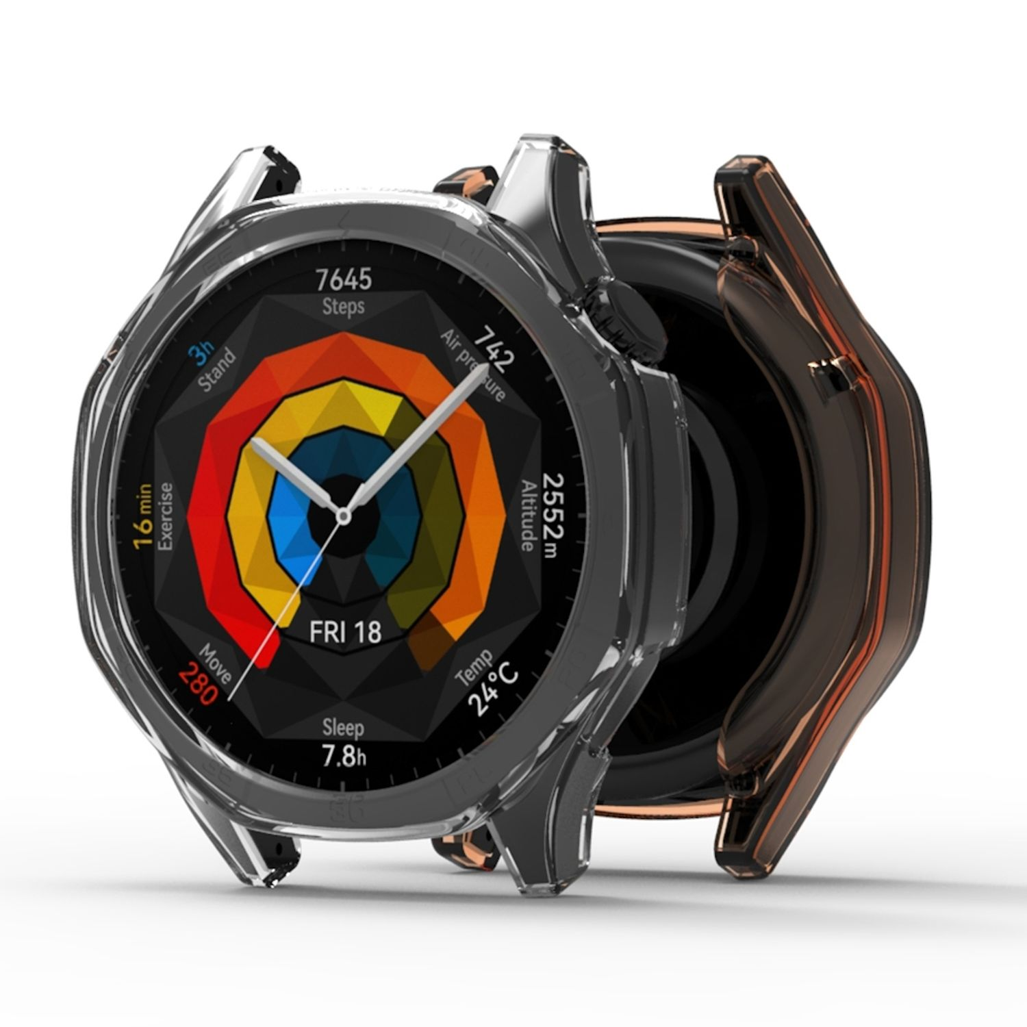 Eine Smartwatch mit transparentem Gehäuse. Der Bildschirm zeigt Informationen über Schritte, Training, Temperatur.